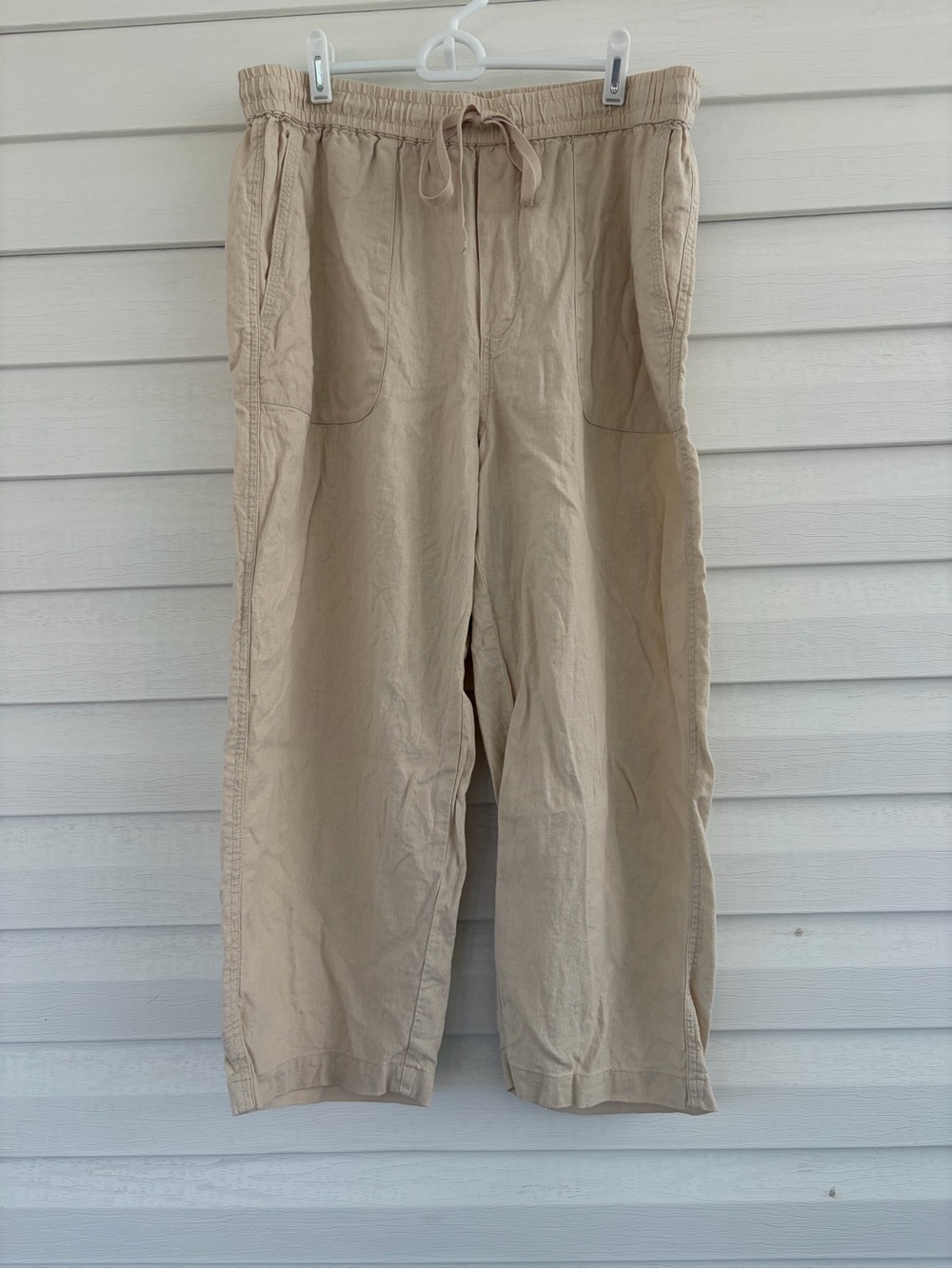 Lucky Brand Linen Blend Pants Medium Beige Drawstring Relaxed Wide Leg Capri